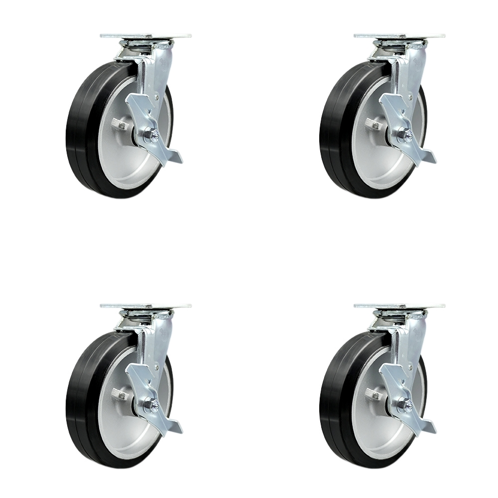 Stainless Steel Rubber on Aluminum Swivel Top Plate Casters Set of 4 Heavy Duty with 8 Inch Wheels - Includes 4 Swivel with Top Lock Brakes – 2,400 lbs. Total Capacity - Service Caster Brand — photo 1