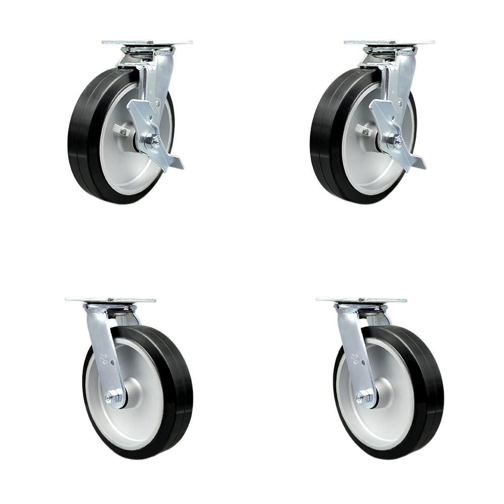 Stainless Heavy Duty Swivel Caster Set with 8 Inch Rubber on Aluminum Wheels and Delrin Bearing-Include 2 Swivel w/Brake and Bolt on Swivel Lock and 2 Swivel w/Bolt on Swivel Lock-Service Caster Brand — photo 1