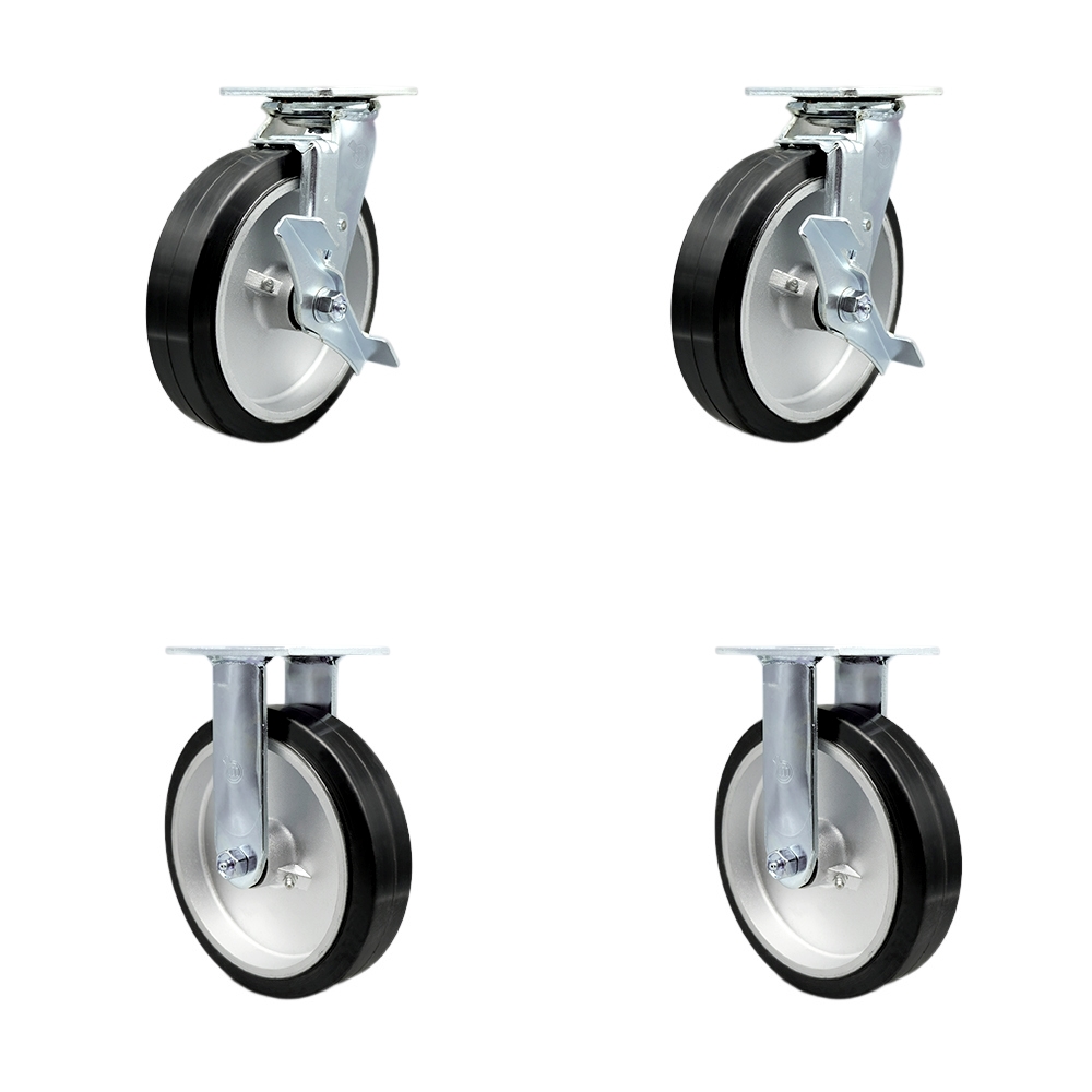 Stainless Steel Heavy Duty Swivel Caster Set with 8 Inch Rubber on Aluminum Wheels and Ball Bearings - Includes 2 Swivel with Brakes and Bolt on Swivel Locks and 2 Rigid-Service Caster Brand — photo 1
