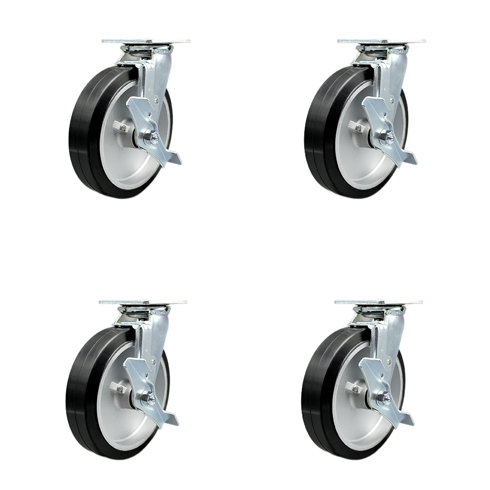 Stainless Steel Heavy Duty Swivel Caster Set with 8 Inch Rubber on Aluminum Wheels and Ball Bearing-Include 2 Swivel w/Brake and Bolt on Swivel Lock and 2 Swivel w/Brake-Service Caster Brand — photo 1