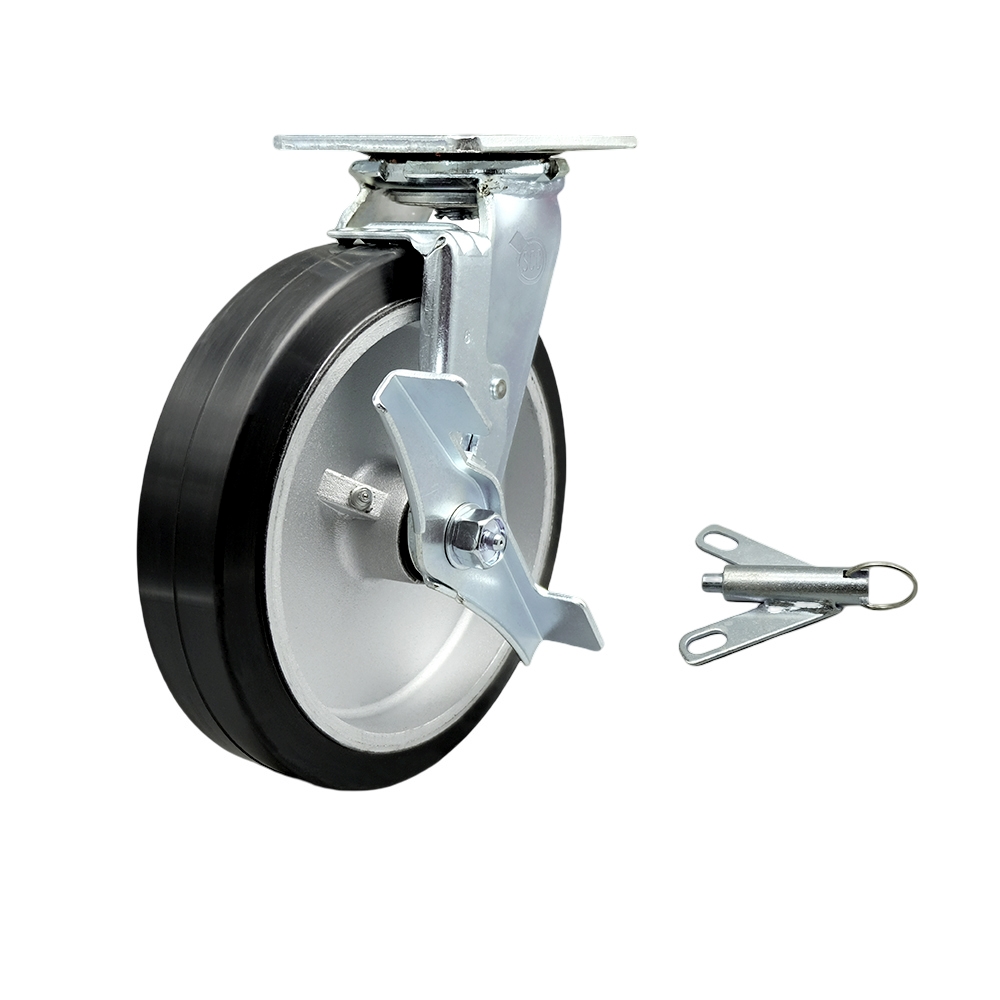 Stainless Steel Heavy Duty Swivel Top Plate Caster with Top Lock Brake and Bolt on Swivel Lock and 8 Inch Rubber on Aluminum Wheel with Delrin Bearings - 600 lbs. Capacity/Caster- Service Caster Brand — photo 1