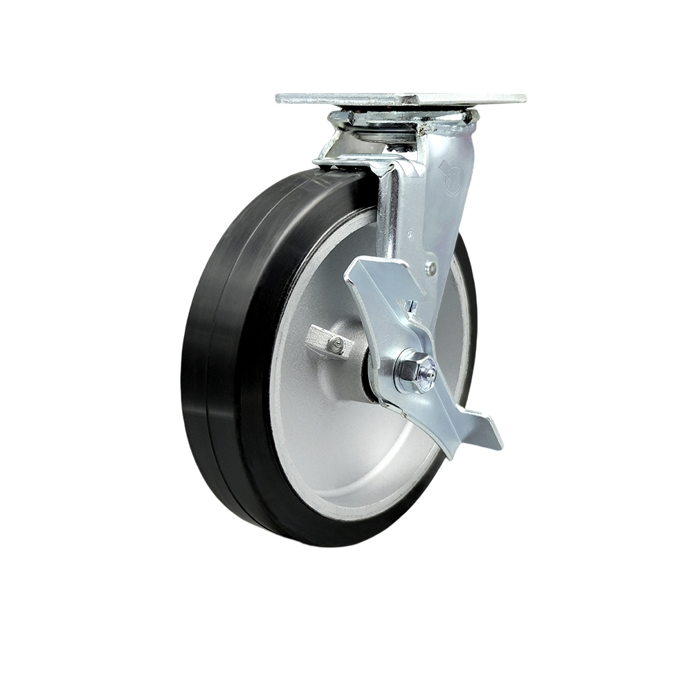 Stainless Steel Heavy Duty Swivel Top Plate Caster with Top Lock Brake and 8 Inch Rubber on Aluminum Wheel with Ball Bearings - 600 lbs. Capacity/Caster - Service Caster Brand — photo 1