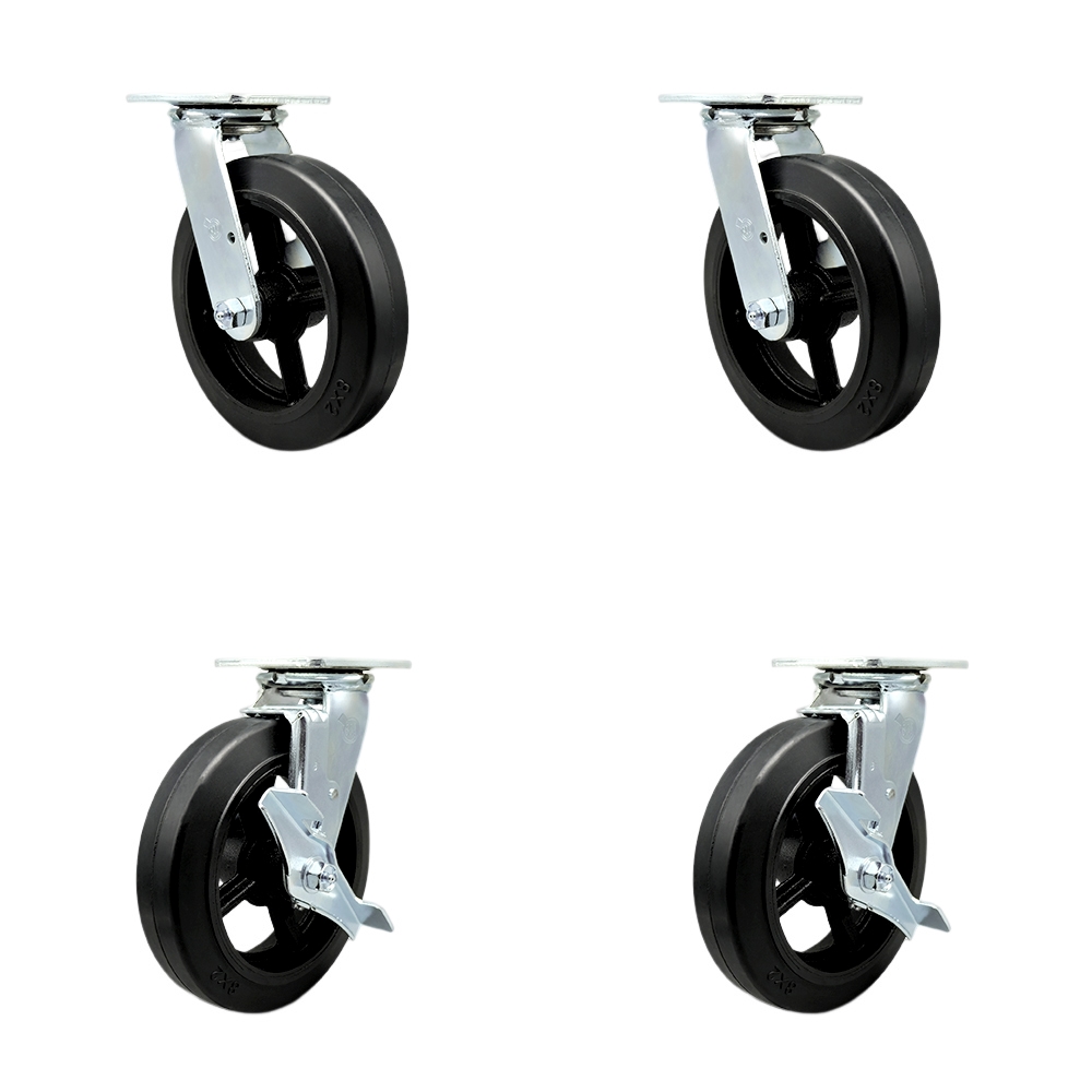 Heavy Duty Swivel Caster Set of 4 with 8 Inch Rubber on Metal Wheels and Ball Bearings - Includes 2 Swivel with Brakes and 2 Swivel - 2,000 lbs. Total Capacity - Service Caster Brand — photo 1