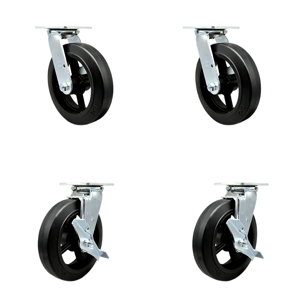 Rubber on Metal Swivel Top Plate Casters Set of 4 Heavy Duty with 8 Inch Wheels-Includes 2 Swivel with Bolt on Swivel Locks and 2 Swivel with Brakes-2,000 lbs. Total Capacity - Service Caster Brand — photo 1