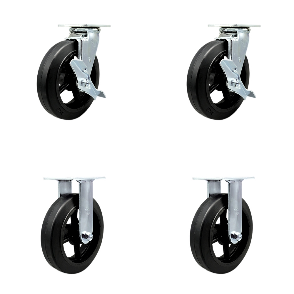 Heavy Duty Swivel Caster Set of 4 with 8 Inch Rubber on Metal Wheels and Ball Bearings - Includes 2 Swivel with Brakes and 2 Rigid - 2,000 lbs. Total Capacity - Service Caster Brand — photo 1