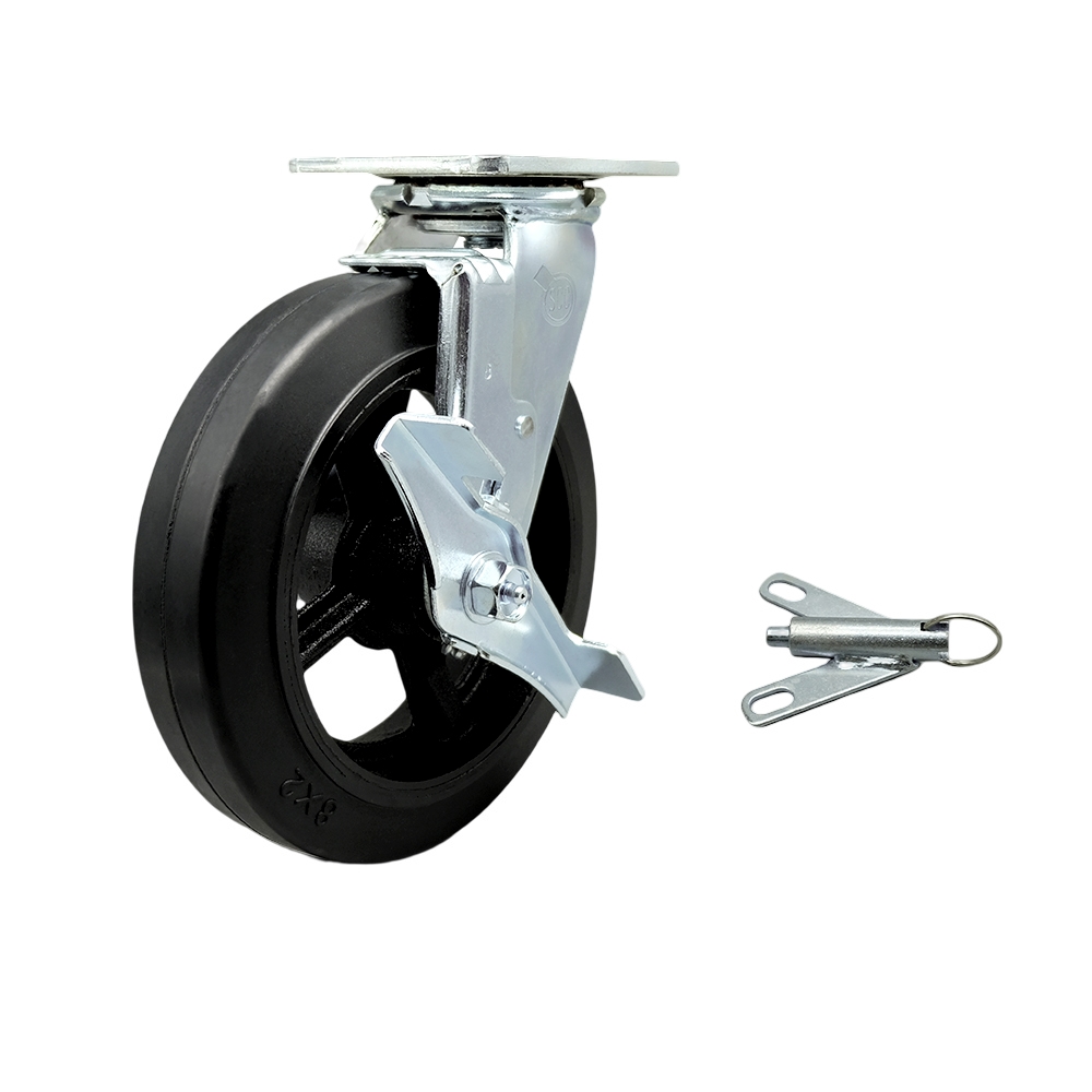 Heavy Duty Swivel Top Plate Caster with Top Lock Brake and Bolt on Swivel Lock and 8 Inch Rubber on Metal Wheel with Ball Bearings - 500 lbs. Capacity/Caster - Service Caster Brand — photo 1