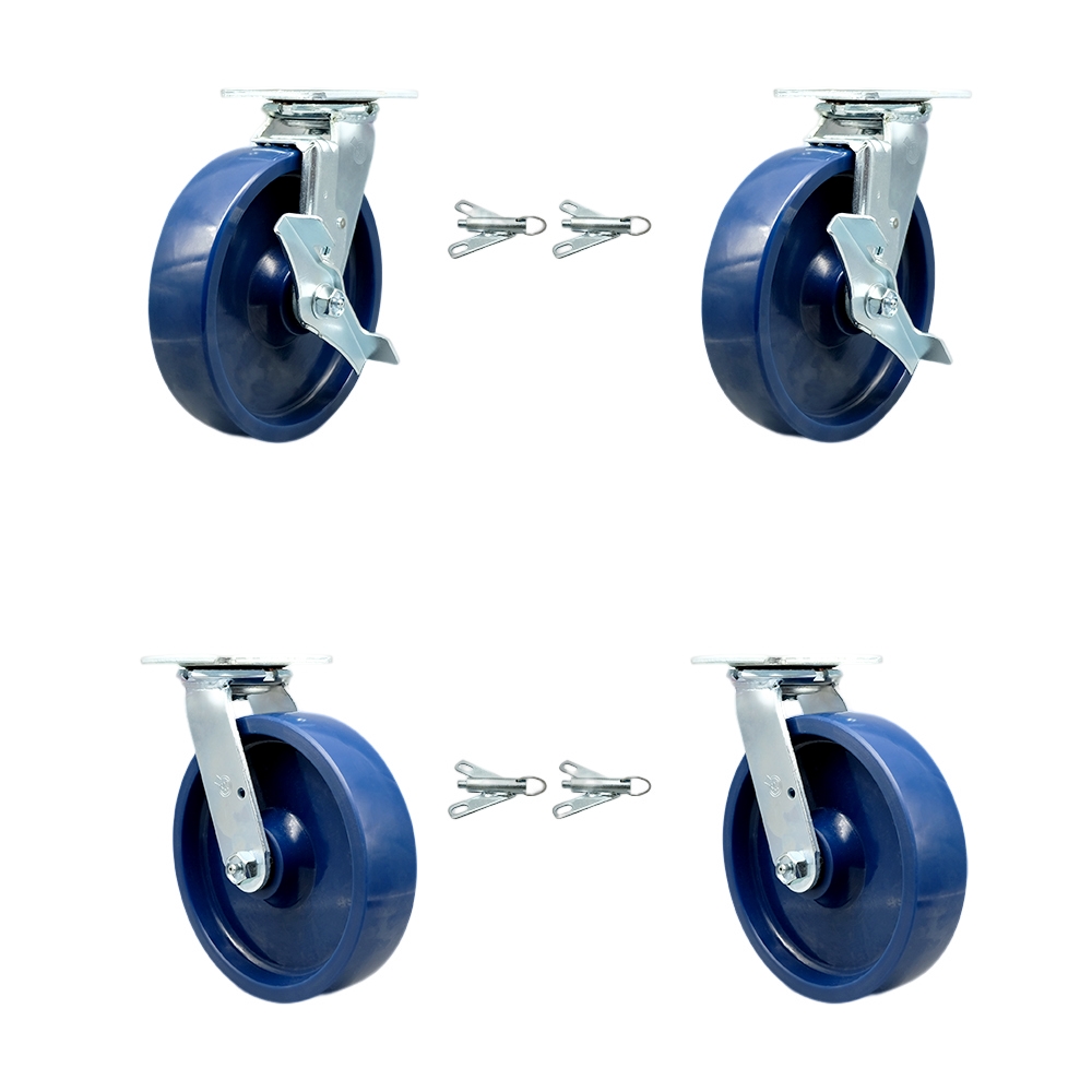 Solid Polyurethane Swivel Top Plate Casters Set 4 Heavy Duty with 8 Inch Wheels - Includes 2 Swivel with Brakes and Bolt on Swivel Locks and 2 Swivel with Bolt on Swivel Locks - Service Caster Brand — photo 1