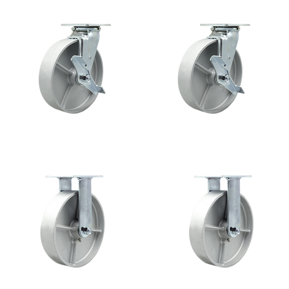 Heavy Duty Swivel Caster Set of 4 with 8 Inch Semi Steel Cast Iron Wheels and Bronze Bearings - Includes 2 Swivel with Brakes and 2 Rigid - 5,000 lbs. Total Capacity - Service Caster Brand — photo 1