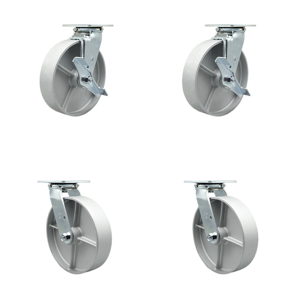 Heavy Duty Swivel Caster Set with 8 Inch Semi Steel Cast Iron Wheels and Bronze Bearing - Include 2 Swivel with Brake & Bolt on Swivel Lock and 2 Swivel w/Bolt on Swivel Lock - Service Caster Brand — photo 1
