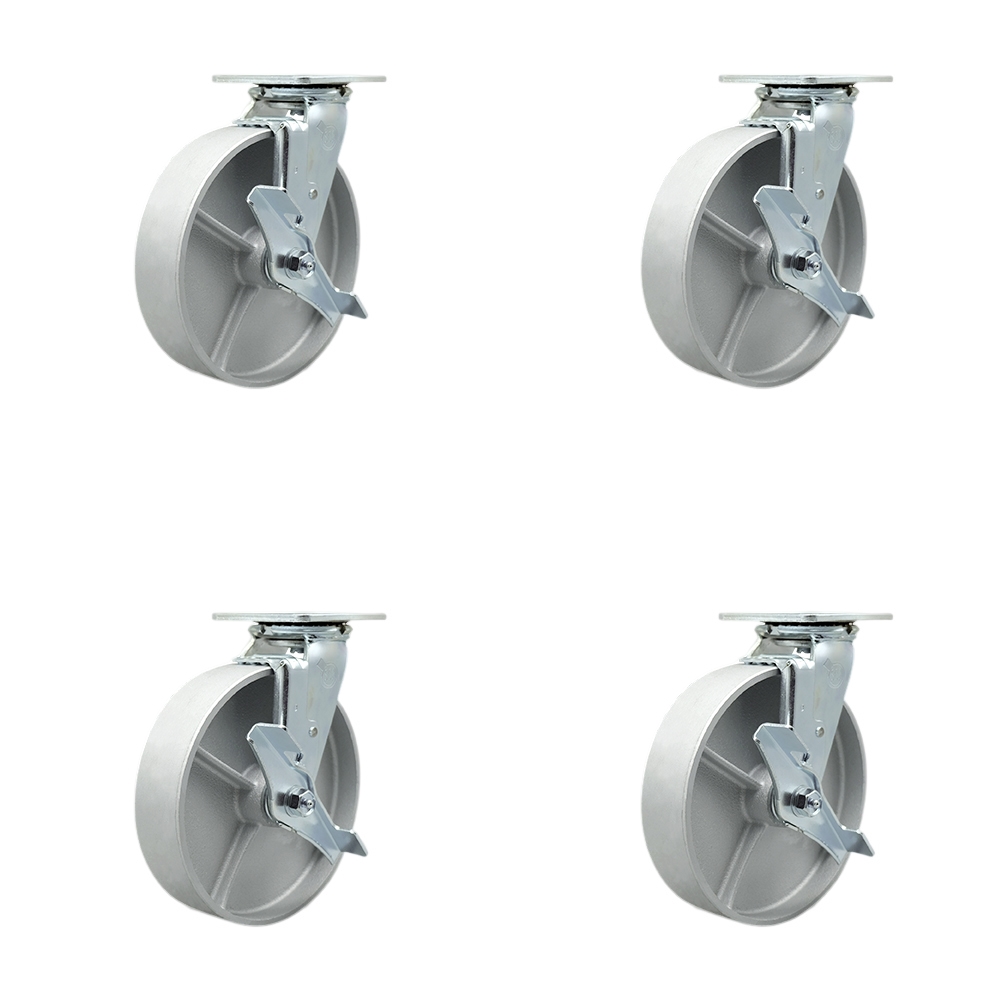 Heavy Duty Swivel Caster Set of 4 with 8 Inch Semi Steel Cast Iron Wheels and Bronze Bearings - Includes 4 Swivel with Top Lock Brakes and Bolt on Swivel Locks - Service Caster Brand — photo 1
