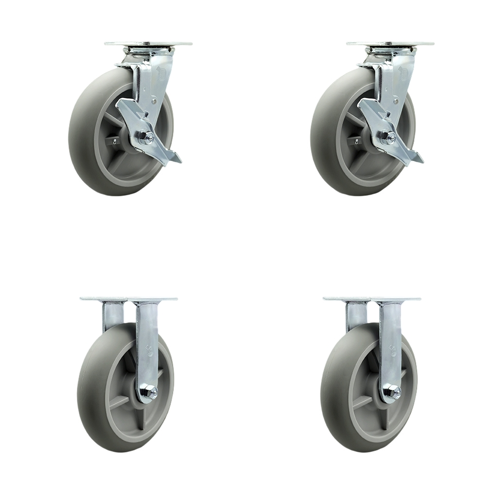 Thermoplastic Rubber Donut Tread Swivel Top Plate Casters Set of 4 Heavy Duty with 8 Inch Wheels - Includes 2 Swivel with Brakes and 2 Rigid – 2,400 lbs. Total Capacity - Service Caster Brand — photo 1