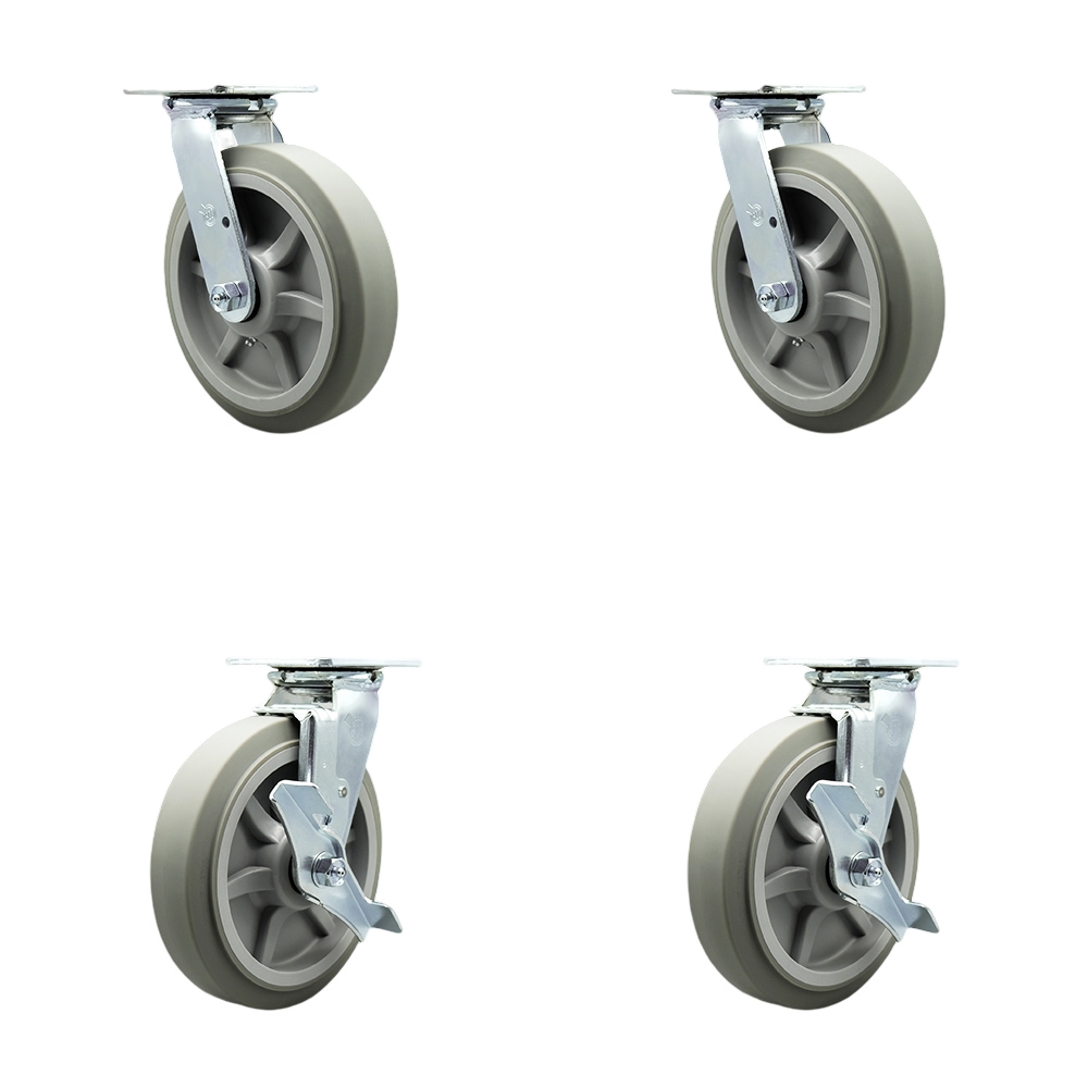 Thermoplastic Rubber Flat Tread Swivel Top Plate Casters Set of 4 Heavy Duty with 8 Inch Wheels - Includes 2 Swivel with Brakes and 2 Swivel – 2,400 lbs. Total Capacity - Service Caster Brand — photo 1