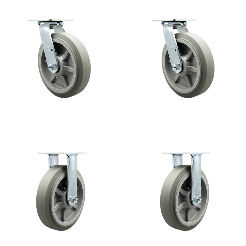 Thermoplastic Rubber Flat Tread Swivel Top Plate Casters Set of 4 Heavy Duty with 8 Inch Wheels- Includes 2 Swivel with Bolt on Swivel Locks and 2 Rigid–2,400 lbs. Total Capacity- Service Caster Brand — photo 1