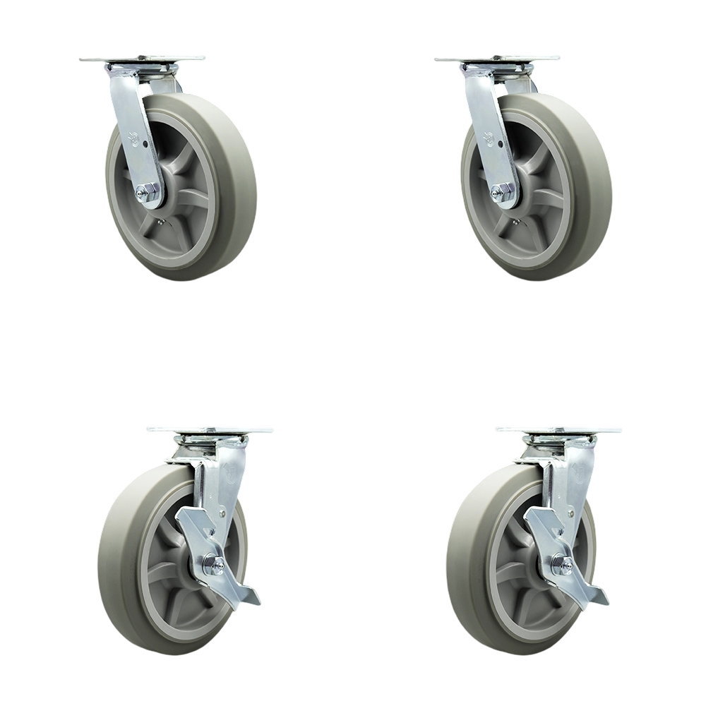 Thermoplastic Rubber Flat Tread Swivel Top Plate Casters Set of 4 Heavy Duty with 8 Inch Wheel-Includes 2 Swivel with Swivel Lock and 2 Swivel with Brake-2,400lbs. Total Capacity- Service Caster Brand — photo 1