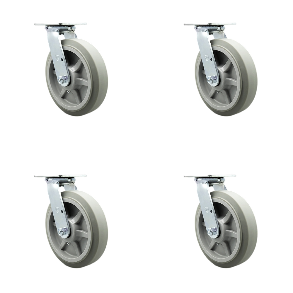 Heavy Duty Swivel Caster Set of 4 with 8 Inch Thermoplastic Rubber Flat Tread Wheels and Ball Bearings - Includes 4 Swivel with Bolt on Swivel Locks - 2,400 lbs. Total Capacity - Service Caster Brand — photo 1