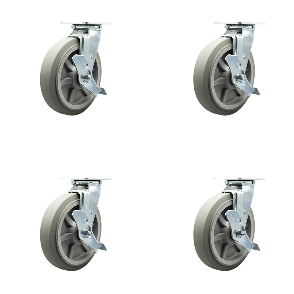Thermoplastic Rubber Flat Tread Swivel Top Plate Casters Set of 4 Heavy Duty with 8 Inch Wheels - Includes 4 Swivel with Top Lock Brakes – 2,400 lbs. Total Capacity - Service Caster Brand — photo 1