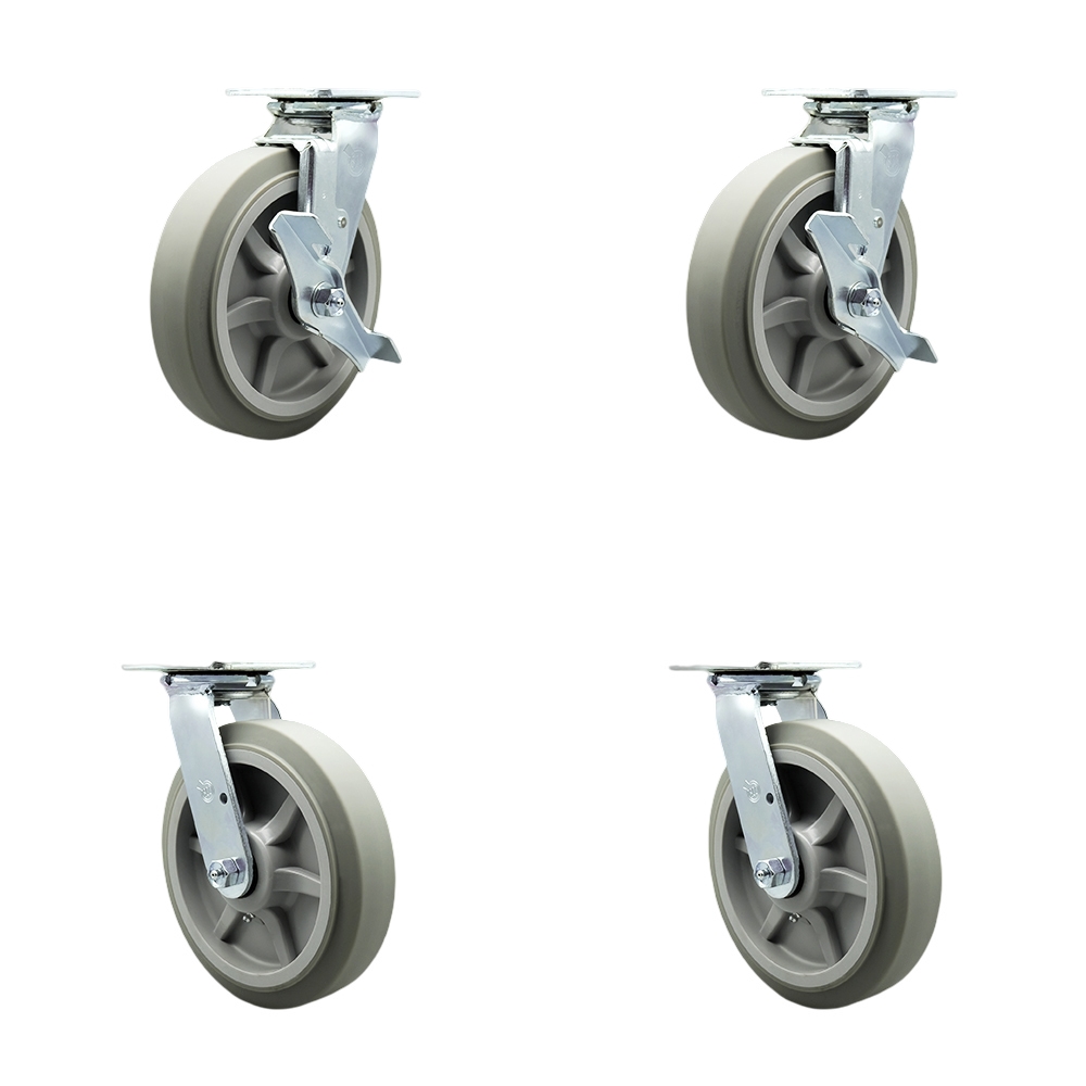 Thermoplastic Rubber Flat Tread Swivel Top Plate Casters Set 4 Heavy Duty with 8 Inch Wheels-Includes 2 Swivel with Brakes and Bolt on Swivel Locks and 2 Swivel with Swivel Locks- Service Caster Brand — photo 1
