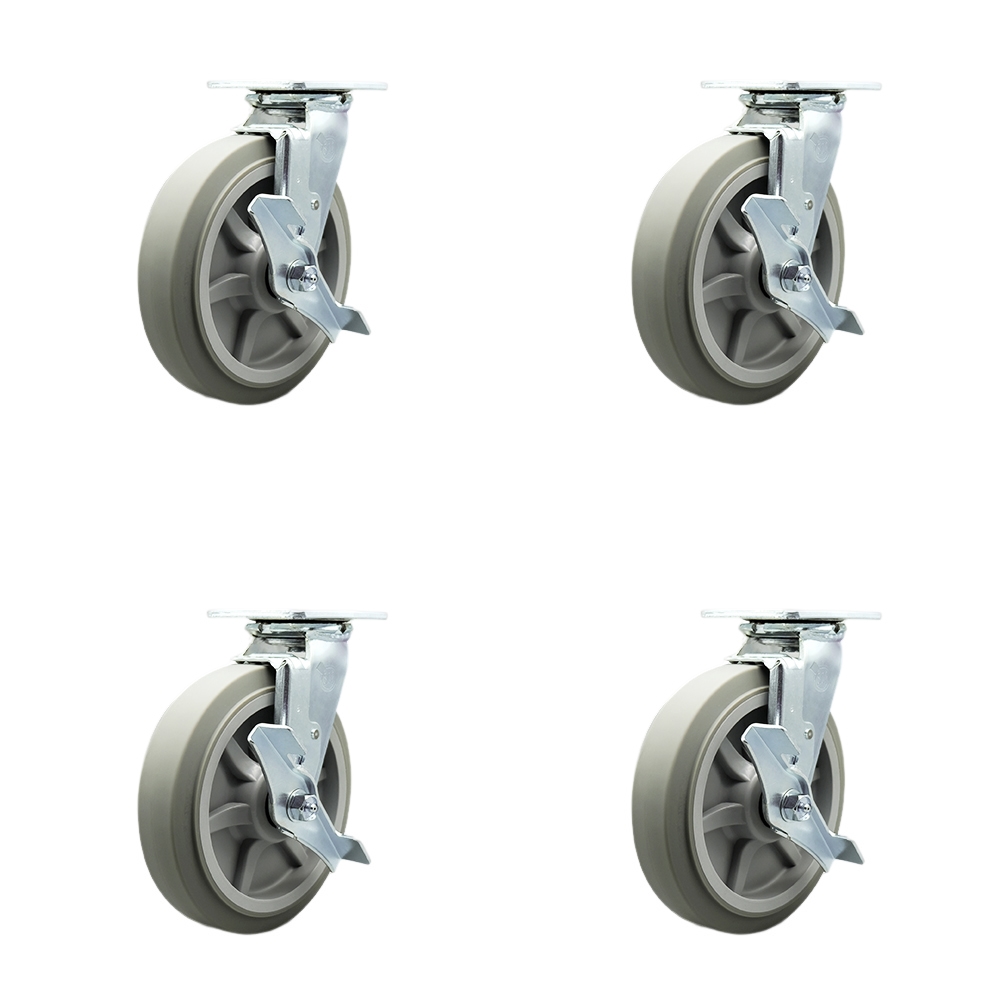 Heavy Duty Swivel Caster Set of 4 with 8 Inch Thermoplastic Rubber Flat Tread Wheels and Ball Bearing-Includes 2 Swivel with Brake and Bolt on Swivel Lock and 2 Swivel with Brake- Service Caster Brand — photo 1