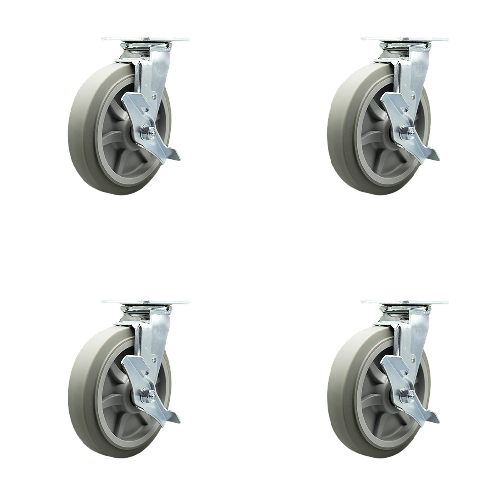 Heavy Duty Swivel Caster Set of 4 with 8 Inch Thermoplastic Rubber Flat Tread Wheels and Ball Bearings - Includes 4 Swivel with Top Lock Brakes and Bolt on Swivel Locks - Service Caster Brand — photo 1