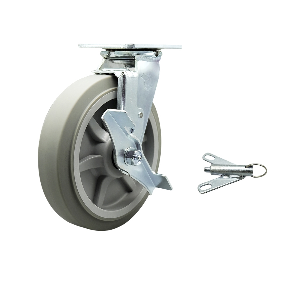 Thermoplastic Rubber Flat Tread Swivel Top Plate Heavy Duty Caster with 8 Inch Wheel and Top Lock Brake and Bolt on Swivel Lock – 600 lbs. Capacity/Caster - Service Caster Brand — photo 1