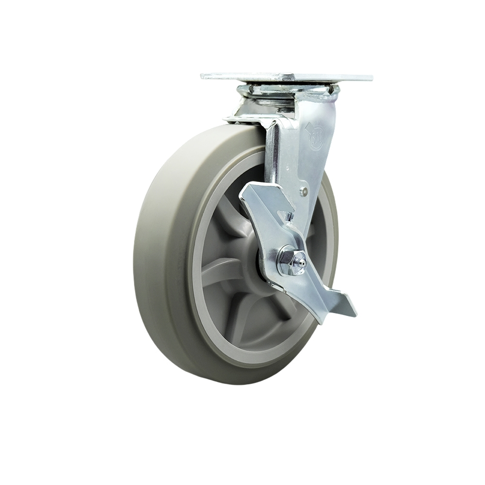 Thermoplastic Rubber Flat Tread Swivel Top Plate Heavy Duty Caster with 8 Inch Wheel and Top Lock Brake – 600 lbs. Capacity/Caster - Service Caster Brand — photo 1