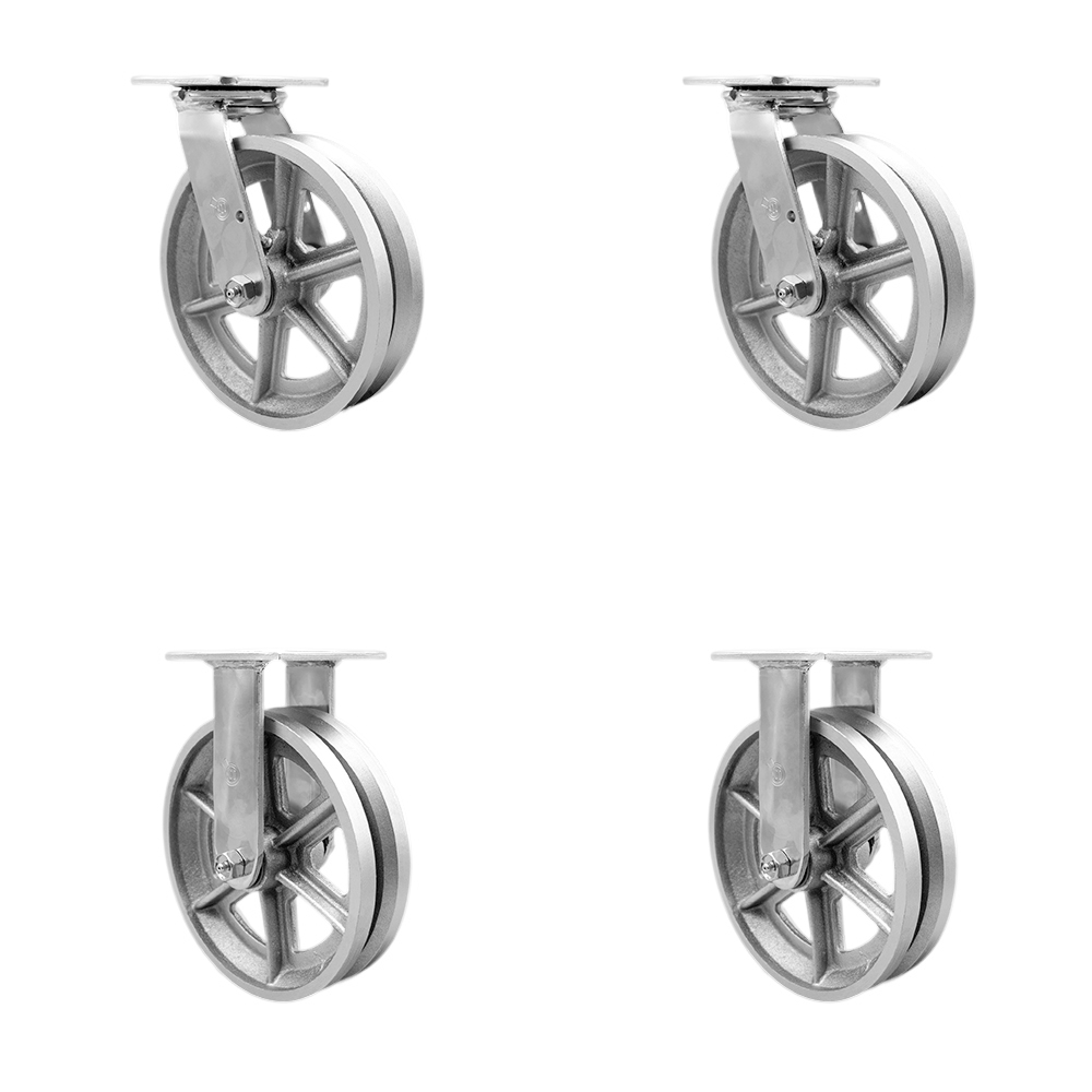 Heavy Duty Swivel Caster Set of 4 with 8 Inch V Groove Semi Steel Cast Iron Wheels and Ball Bearings - Includes 2 Swivel and 2 Rigid - 5,000 lbs. Total Capacity - Service Caster Brand — photo 1
