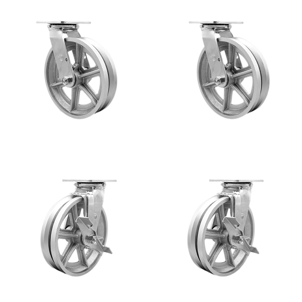 Heavy Duty Swivel Caster Set of 4 with 8 Inch V-Groove Semi Steel Cast Iron Wheels and Bronze Bearings - Includes 2 Swivel with Brakes and 2 Swivel - 5,000 lbs. Total Capacity - Service Caster Brand — photo 1