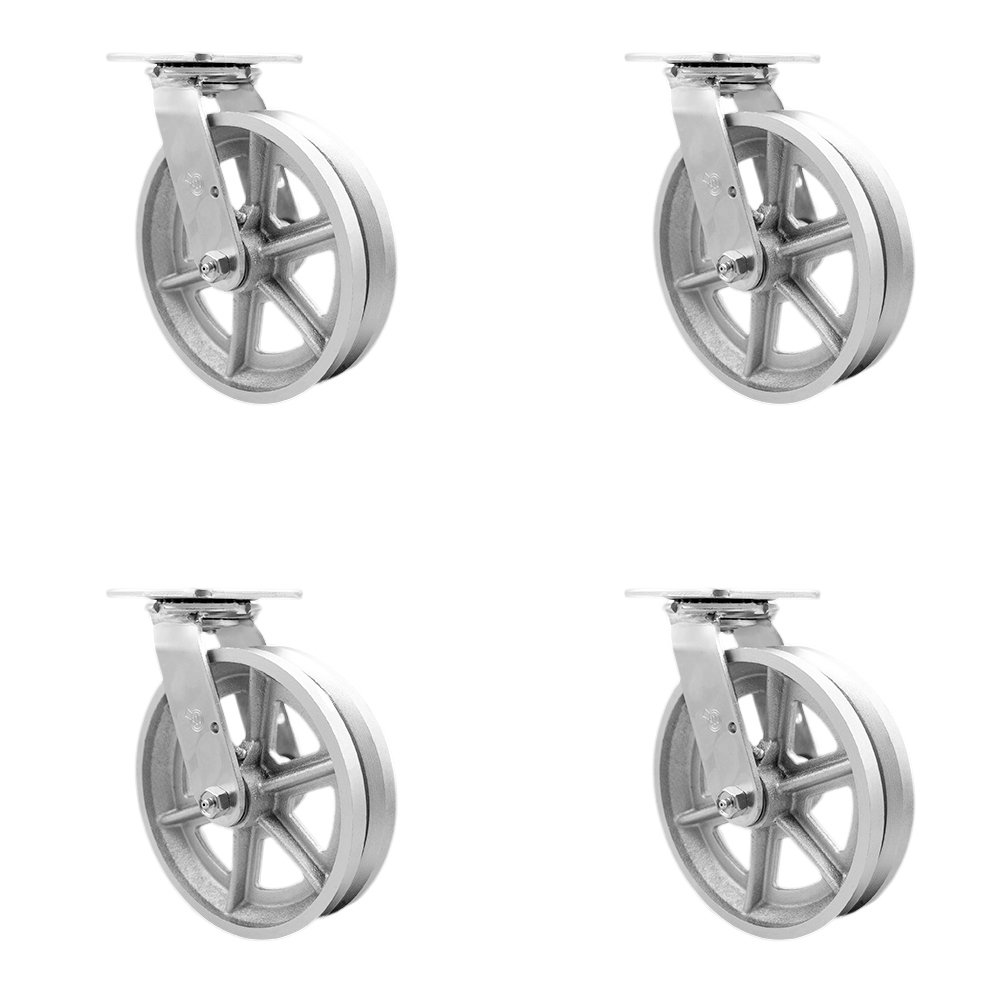 V Groove Semi Steel Cast Iron Swivel Top Plate Casters Set of 4 Heavy Duty with 8 Inch Wheels - Includes 4 Swivel – 5,000 lbs. Total Capacity - Service Caster Brand — photo 1