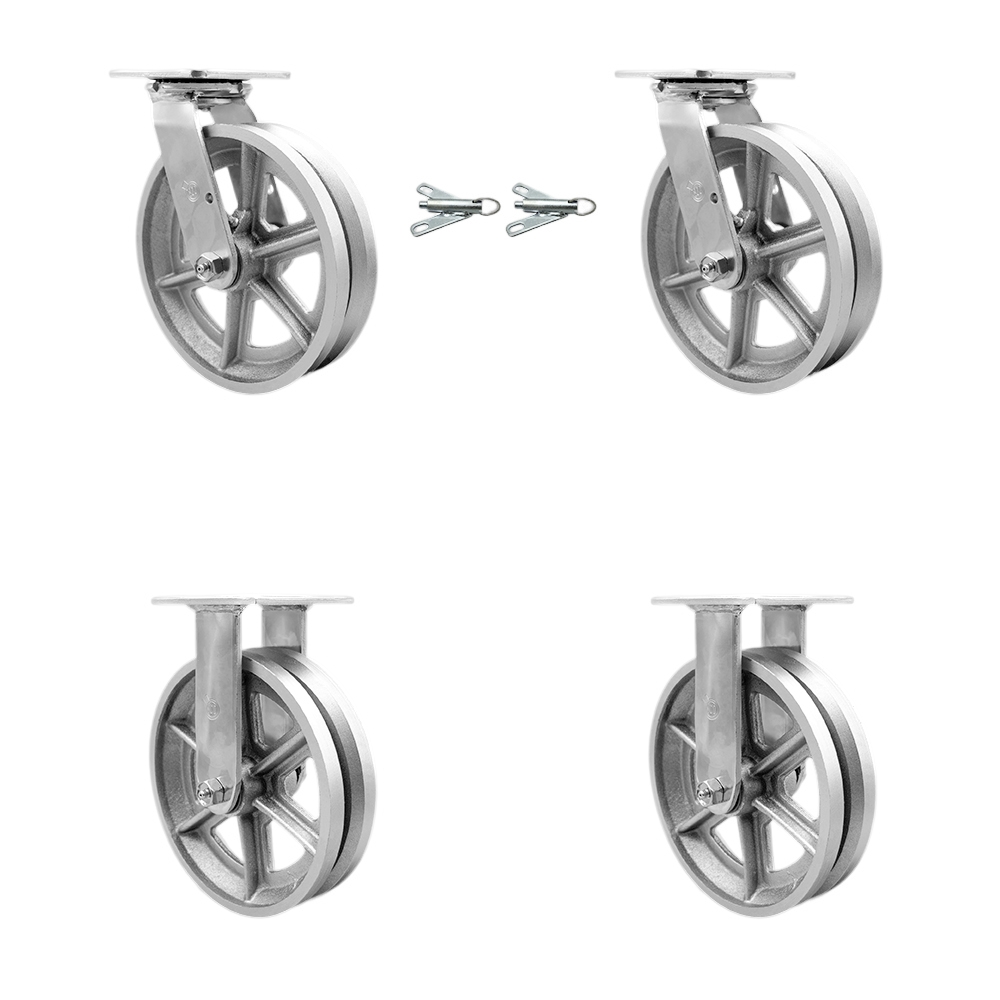 Heavy Duty Swivel Caster Set of 4 with 8 Inch V-Groove Semi Steel Cast Iron Wheels and Bronze Bearings - Includes 2 Swivel with Bolt on Swivel Locks and 2 Rigid - Service Caster Brand — photo 1