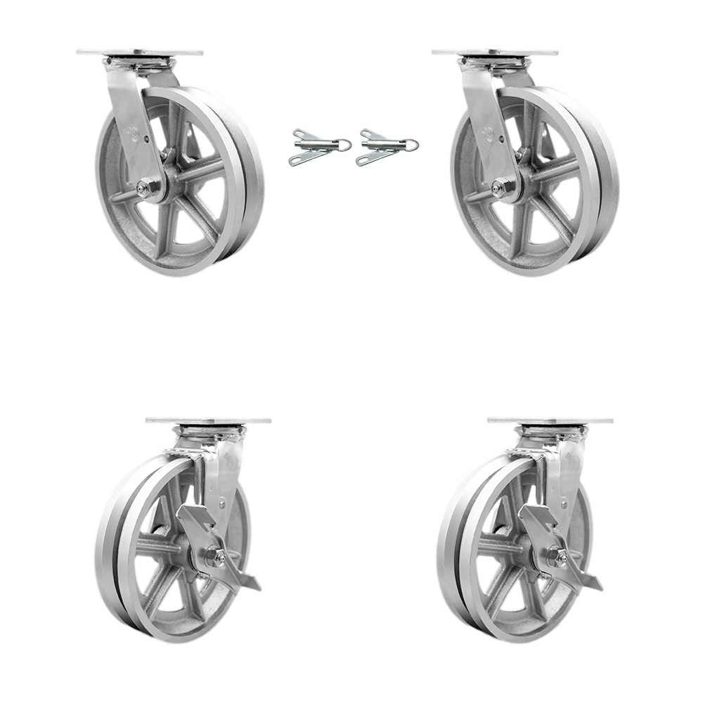 V Groove Semi Steel Cast Iron Swivel Top Plate Casters Set of 4 Heavy Duty with 8 Inch Wheels - Includes 2 Swivel with Bolt on Swivel Locks and 2 Swivel with Brakes - Service Caster Brand — photo 1