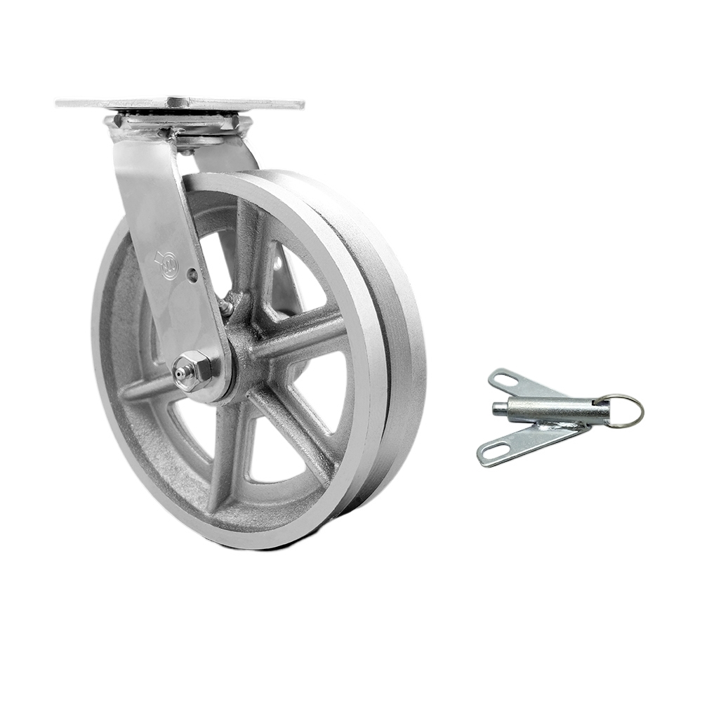 Heavy Duty Swivel Top Plate Caster with Bolt on Swivel Lock and 8 Inch V Groove Semi Steel Cast Iron Wheel with Ball Bearings - 1,250 lbs. Capacity/Caster - Service Caster Brand — photo 1