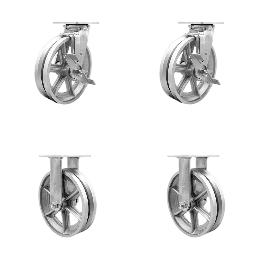 Heavy Duty Swivel Caster Set of 4 with 8 Inch V-Groove Semi Steel Cast Iron Wheels and Bronze Bearings - Includes 2 Swivel with Brakes and 2 Rigid - 5,000 lbs. Total Capacity - Service Caster Brand — photo 1