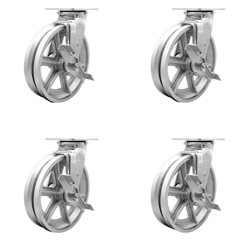 V Groove Semi Steel Cast Iron Swivel Top Plate Casters Set of 4 Heavy Duty with 8 Inch Wheels - Includes 4 Swivel with Top Lock Brakes – 5,000 lbs. Total Capacity - Service Caster Brand — photo 1