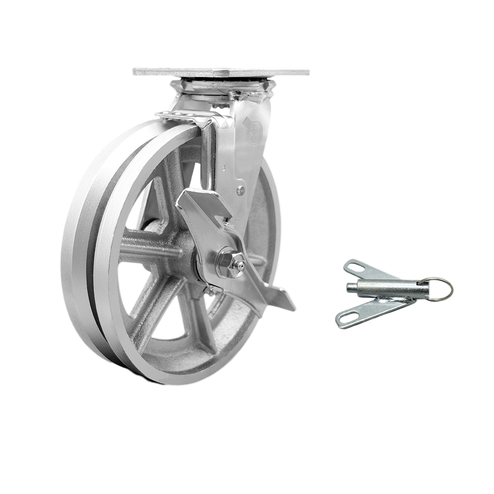 V Groove Semi Steel Cast Iron Swivel Top Plate Heavy Duty Caster with 8 Inch Wheel and Top Lock Brake and Bolt on Swivel Lock – 1,250 lbs. Capacity/Caster - Service Caster Brand — photo 1
