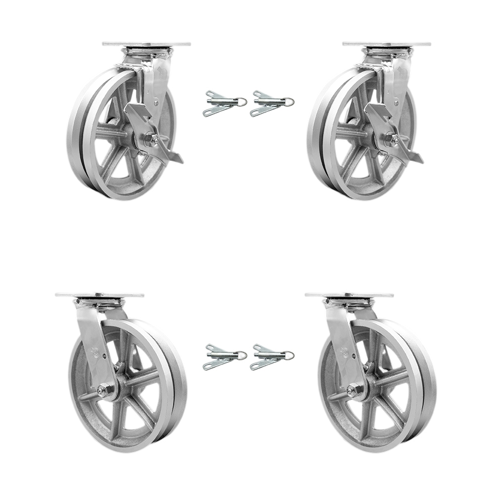 Heavy Duty Swivel Caster Set with 8 Inch V-Groove Semi Steel Cast Iron Wheels and Bronze Bearing-Include 2 Swivel with Brake&Bolt on Swivel Lock and 2 Swivel w/Bolt on Swivel Lock-Service Caster Brand — photo 1