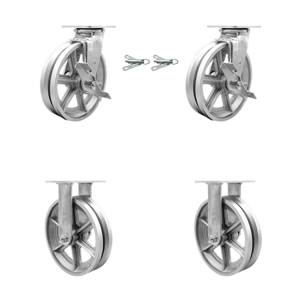 Heavy Duty Swivel Caster Set of 4 with 8 Inch V Groove Semi Steel Cast Iron Wheels and Ball Bearings - Includes 2 Swivel with Brakes and Bolt on Swivel Locks and 2 Rigid - Service Caster Brand — photo 1
