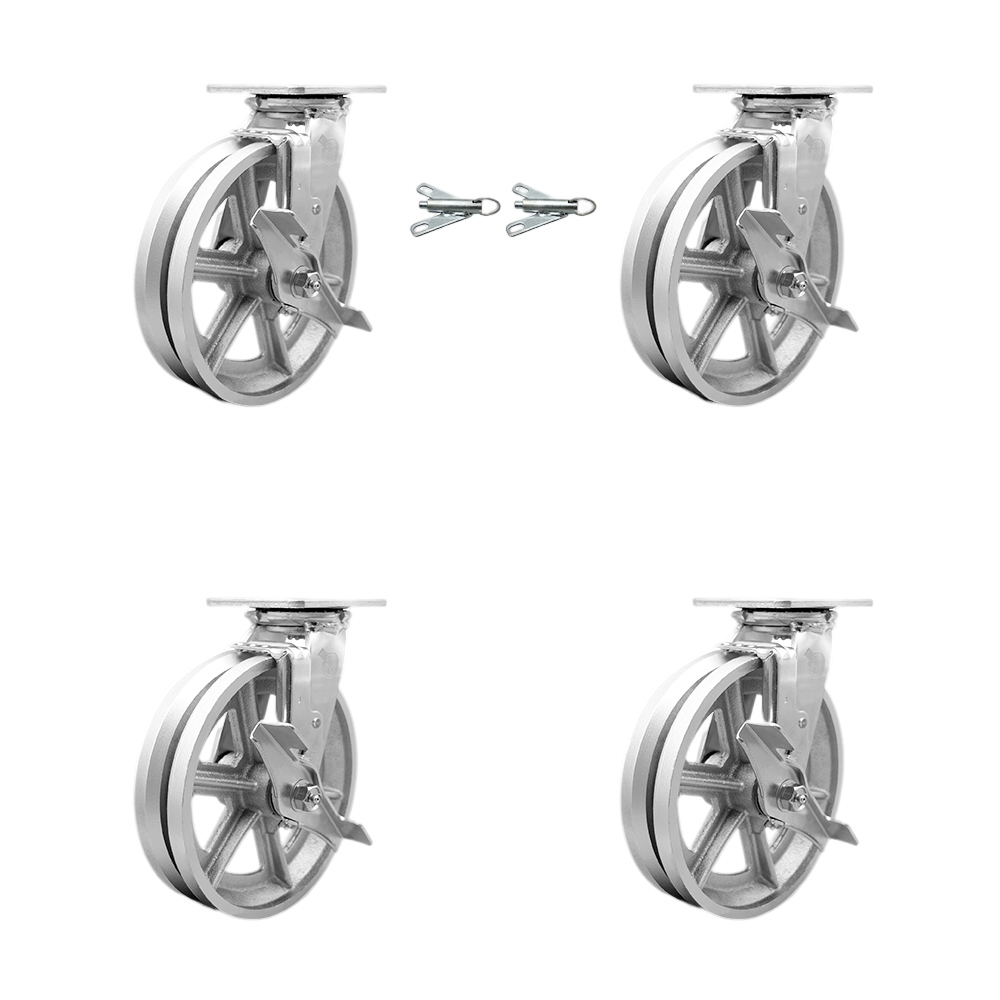V Groove Semi Steel Cast Iron Swivel Top Plate Casters Set of 4 Heavy Duty with 8 Inch Wheels - Includes 2 Swivel with Brakes and Bolt on Swivel Locks and 2 Swivel with Brakes - Service Caster Brand — photo 1