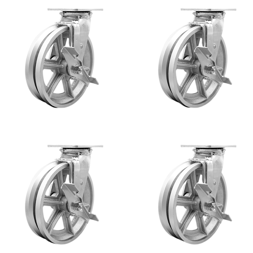 Heavy Duty Swivel Caster Set of 4 with 8 Inch V Groove Semi Steel Wheels and Ball Bearings-Includes 4 Swivel with Top Lock Brakes and Bolt on Swivel Lock-5,000lbs. Total Capacity- Service Caster Brand — photo 1