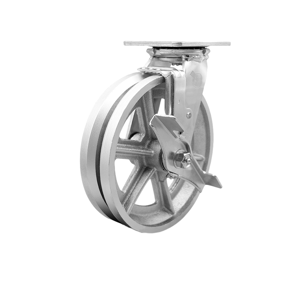 Heavy Duty Swivel Top Plate Caster with Top Lock Brake and 8 Inch V-Groove Semi Steel Cast Iron Wheel with Bronze Bearings - 1,250 lbs. Capacity/Caster - Service Caster Brand — photo 1