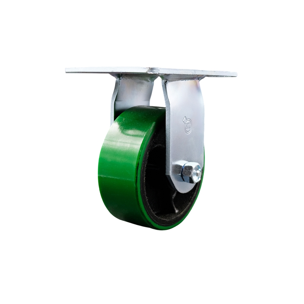 Heavy Duty Large Top Plate Polyurethane on Cast Iron Swivel Caster w/Main. Free Bearings and 5" x 2" Green Wheel - 1000 lbs Capacity/Caster - Service Caster Brand — photo 1