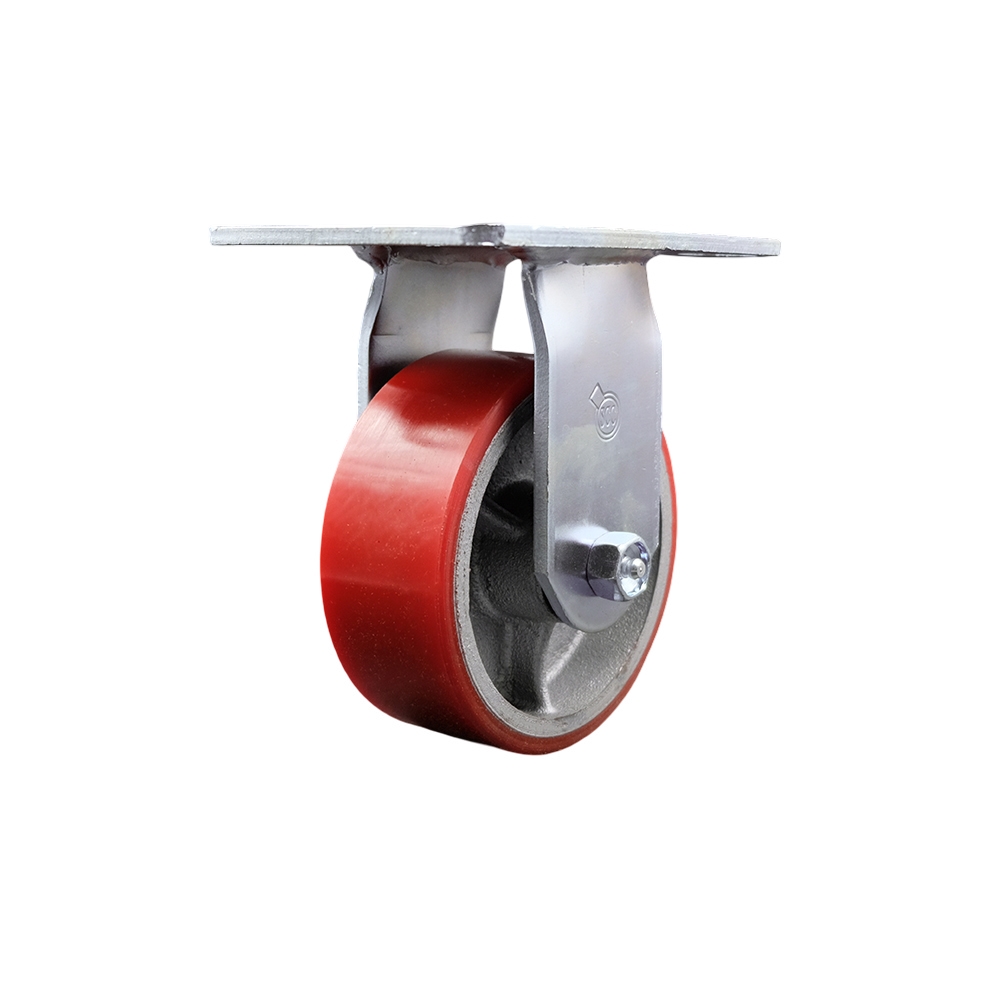 Heavy Duty Large Top Plate Polyurethane on Cast Iron Swivel Caster w/Main. Free Bearings and 5" x 2" Red Wheel - 1000 lbs Capacity/Caster - Service Caster Brand — photo 1