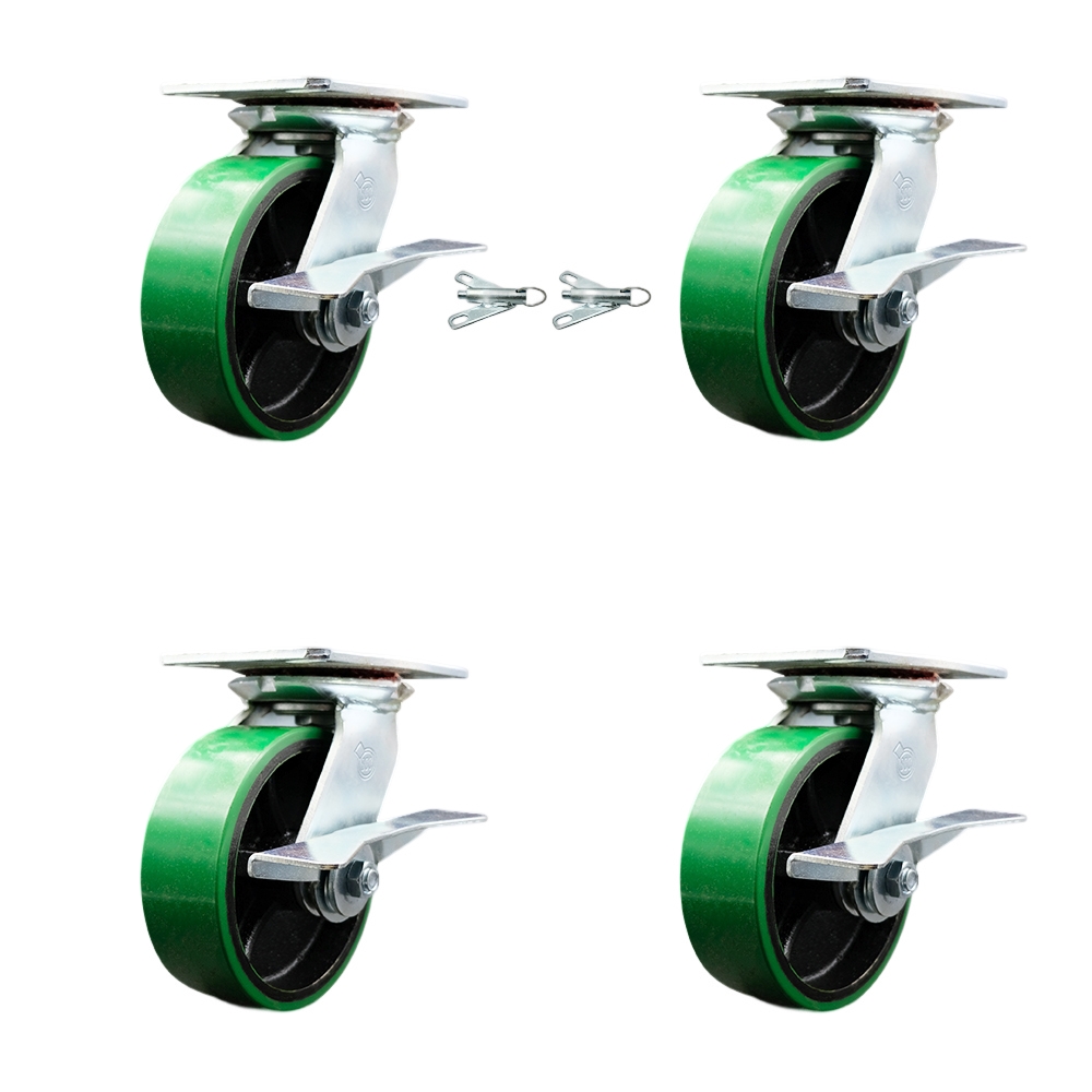 Heavy Duty Large Top Plate Poly on Cast Iron Swivel Caster Set 4 w/6" x 2" Green Wheels-Includes 2 Swivel with Brakes and Bolt on Swvl Lcks&2 Swvl with Brakes-4800 lbs Total Cpty- Service Caster Brand — photo 1