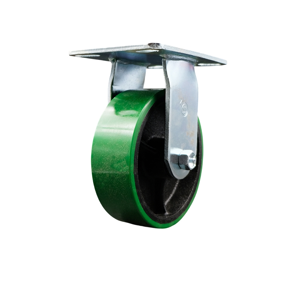 Heavy Duty Large Top Plate Polyurethane on Cast Iron Swivel Caster w/Main. Free Bearings and 6" x 2" Green Wheel - 1200 lbs Capacity/Caster - Service Caster Brand — photo 1