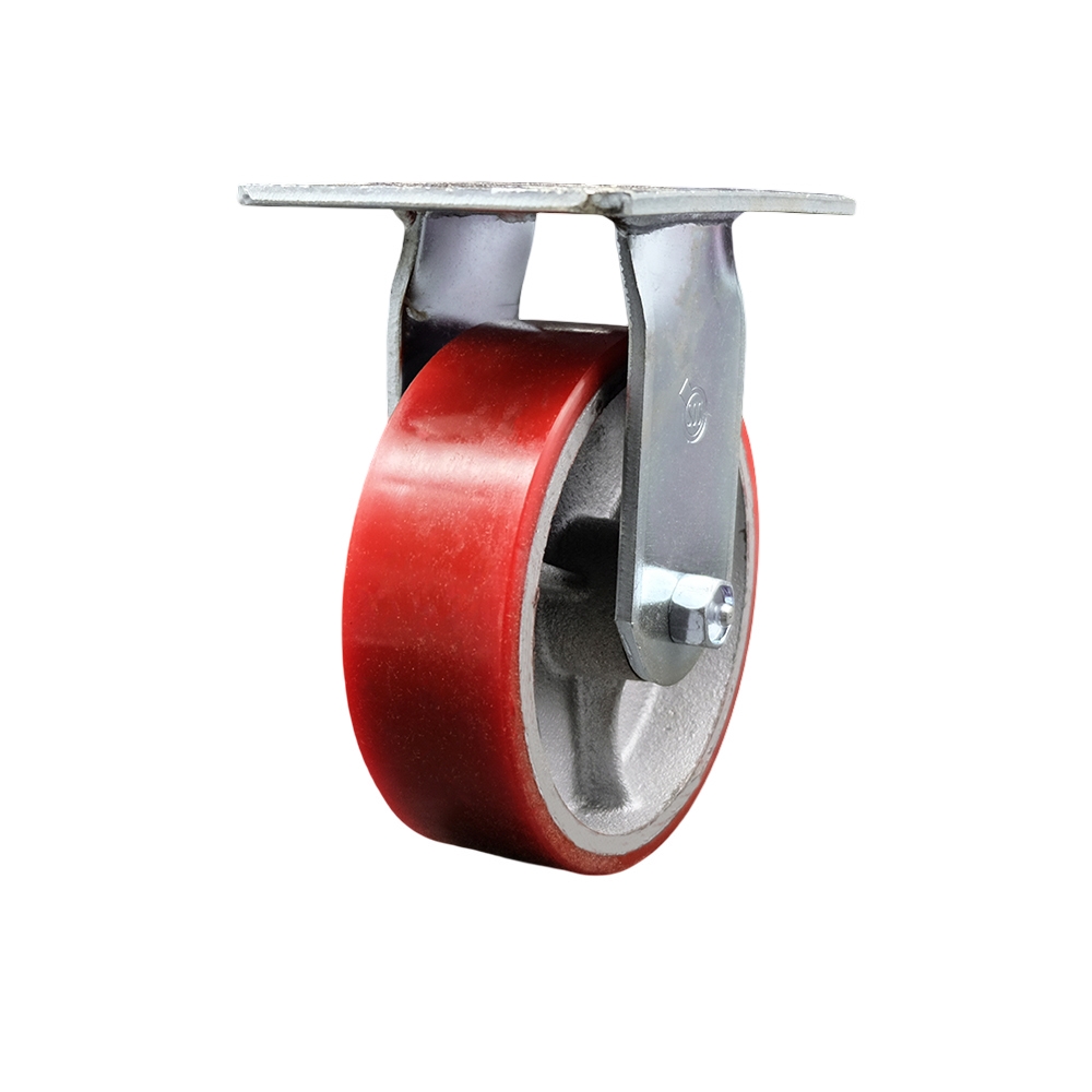 Heavy Duty Large Top Plate Polyurethane on Cast Iron Swivel Caster w/Main. Free Bearings and 6" x 2" Red Wheel - 1200 lbs Capacity/Caster - Service Caster Brand — photo 1