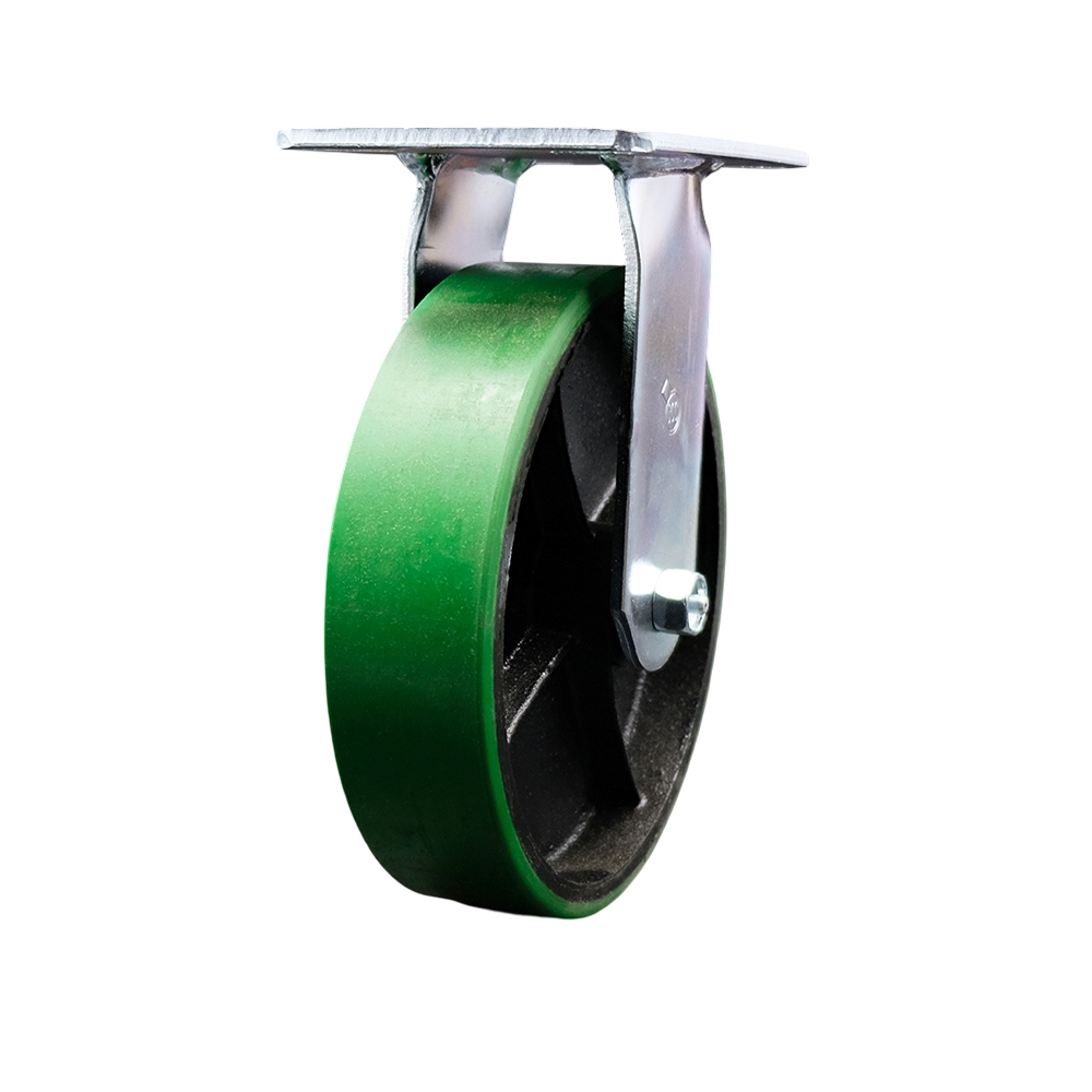 Heavy Duty Large Top Plate Polyurethane on Cast Iron Swivel Caster w/Main. Free Bearings and 8" x 2" Green Wheel - 1250 lbs Capacity/Caster - Service Caster Brand — photo 1
