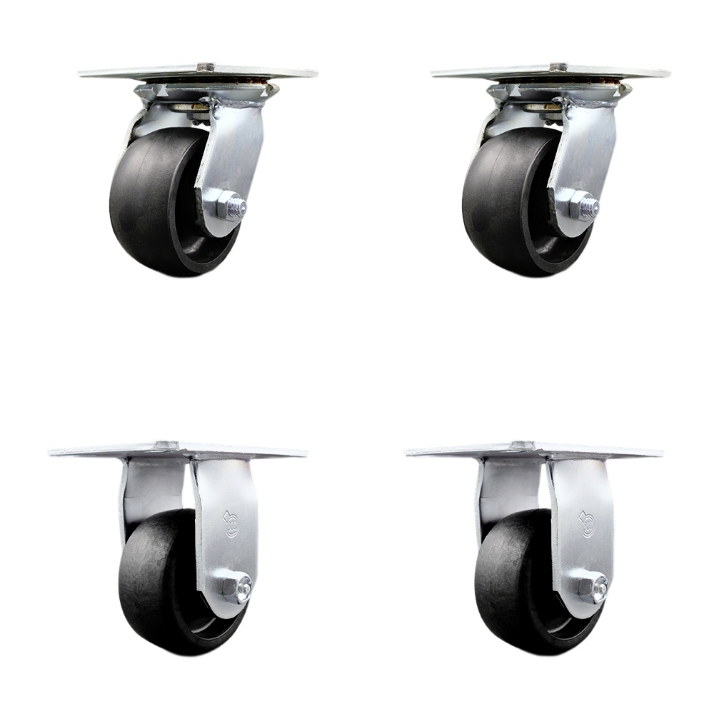 Heavy Duty Large Top Plate Glass Filled Nylon Swivel Caster w/Main. Free Bearings Set of 4 and  w/4" x 2" Black Wheels - Includes 2 Swivel & 2 Rigid - 4800 lbs Total Capacity - Service Caster Brand — photo 1