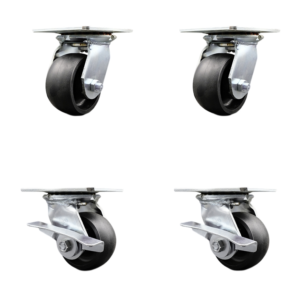 Heavy Duty Large Top Plate Glass Filled Nylon Swivel Caster w/Main. Free Bearings Set of 4 w/4" x 2" Black Wheels - Includes 2 Swivel with Brakes & 2 Swivel - 4800lbs Total Cpty - Service Caster Brand — photo 1