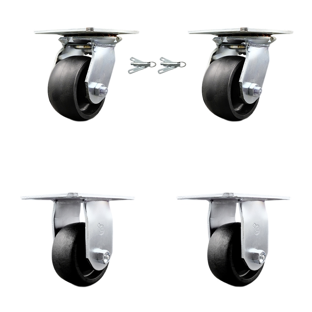 Heavy Duty Large Top Plate Glass Filled Nylon Swivel Caster w/Main. Free Bearings Set of 4  w/4" x 2" Black Wheels-Includes 2 Swvl with Bolt on Swvl Lck&2 Rigid-4800lbs Total Cpty-Service Caster Brand — photo 1