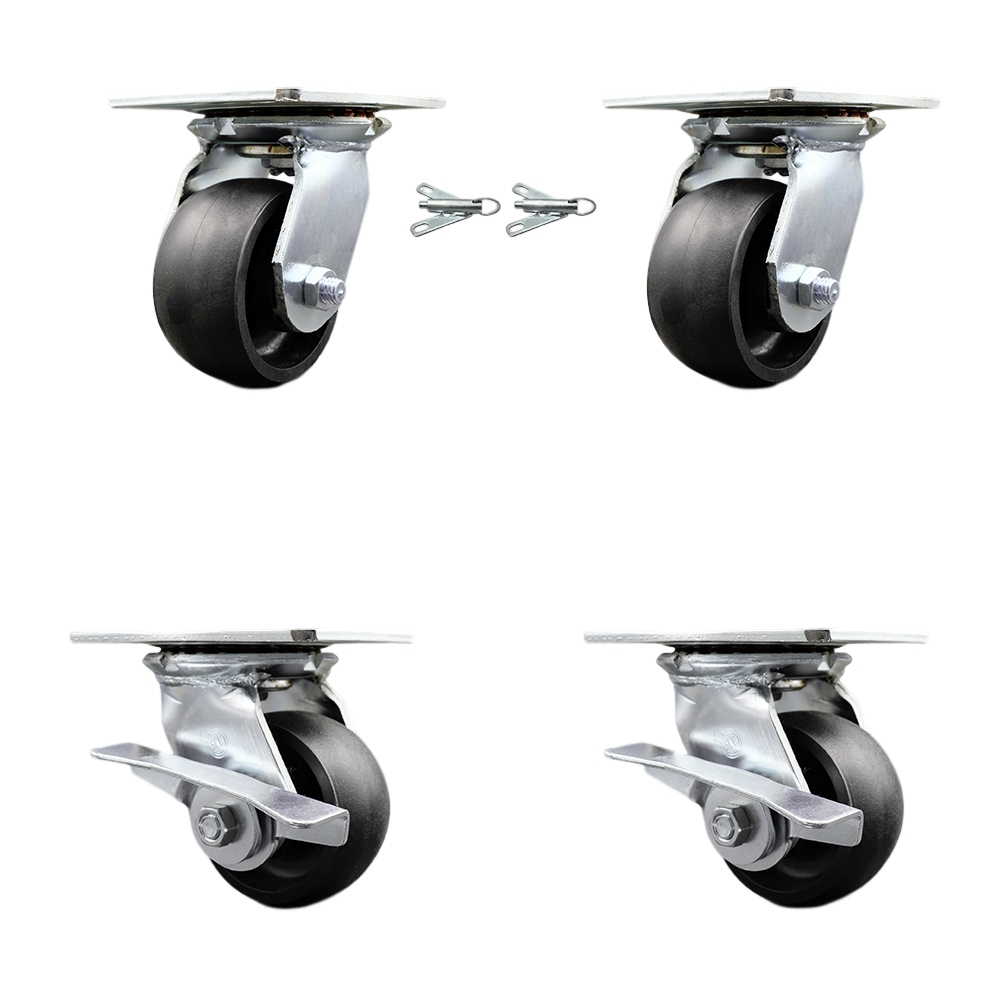 Heavy Duty Large Top Plate Glass Filled Nylon Swvl Caster w/Main. Free Bearing Set 4 w/4" x 2" Black Wheel-Includes 2 Swvl with Bolt on Swvl Lck&2 Swvl with BRK-4800lbs Total Cpty-Service Caster Brand — photo 1