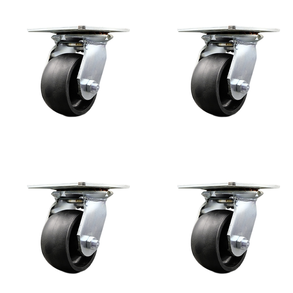 Heavy Duty Large Top Plate Glass Filled Nylon Swivel Caster w/Main. Free Bearings Set of 4 w/4" x 2" Black Wheels - Includes 4 Swivel w/Bolt on Swivel Locks - 4800lbs Total Cpty - Service Caster Brand — photo 1